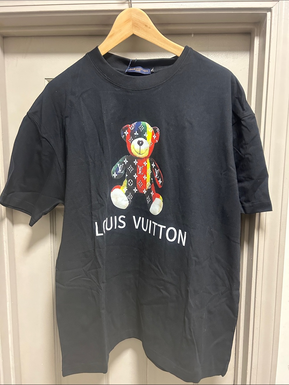 Louis Vuitton Black Tee with Multicolor Teddy Logo
